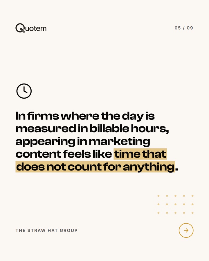 Carousel slide 5: In firms where the day is measured in billable hours, appearing in marketing content feels like time that does not count.