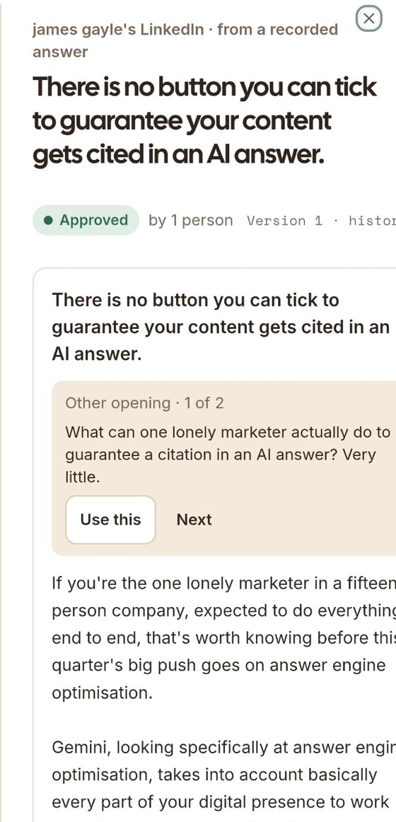 The live app on a phone: an approved LinkedIn post, marked approved by one person, version 1.
